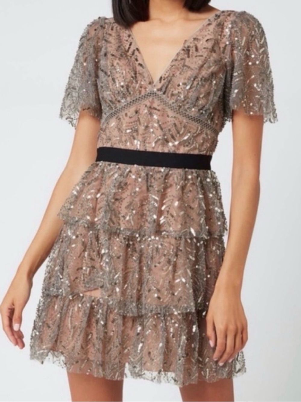 Self Portrait stunning silver sequin and nude tiered dress